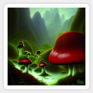 Beautiful Landscape Painting with mountains and big mushrooms, Mushrooms Sticker